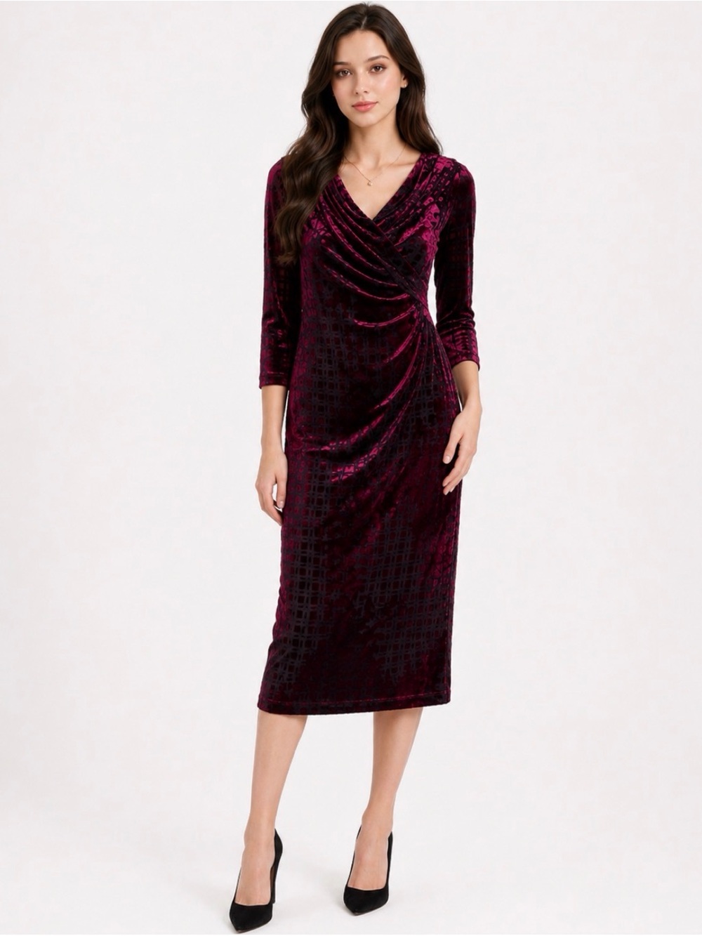 HALSTON NWT Velvet Burnout Cowl Neck Midi Dress Burgundy Black Size 14